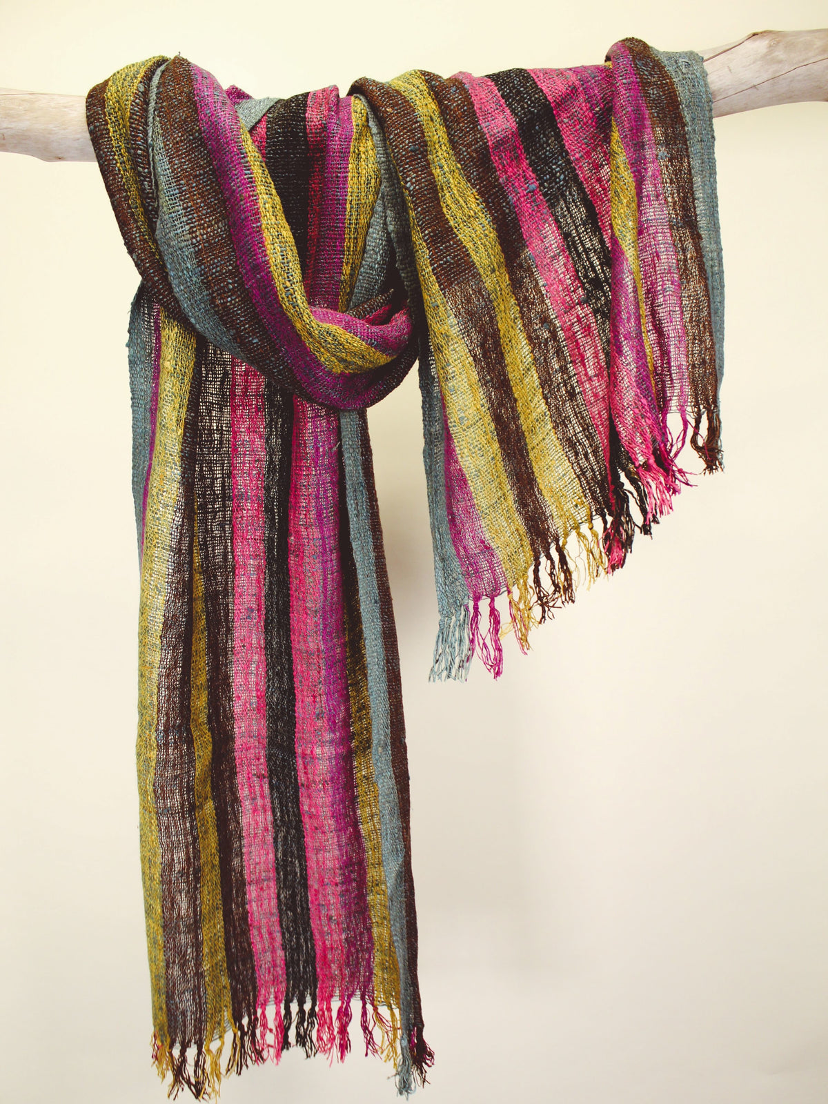 Pink Yellow Blue Maroon and Black Hand-Made Silk Scarf