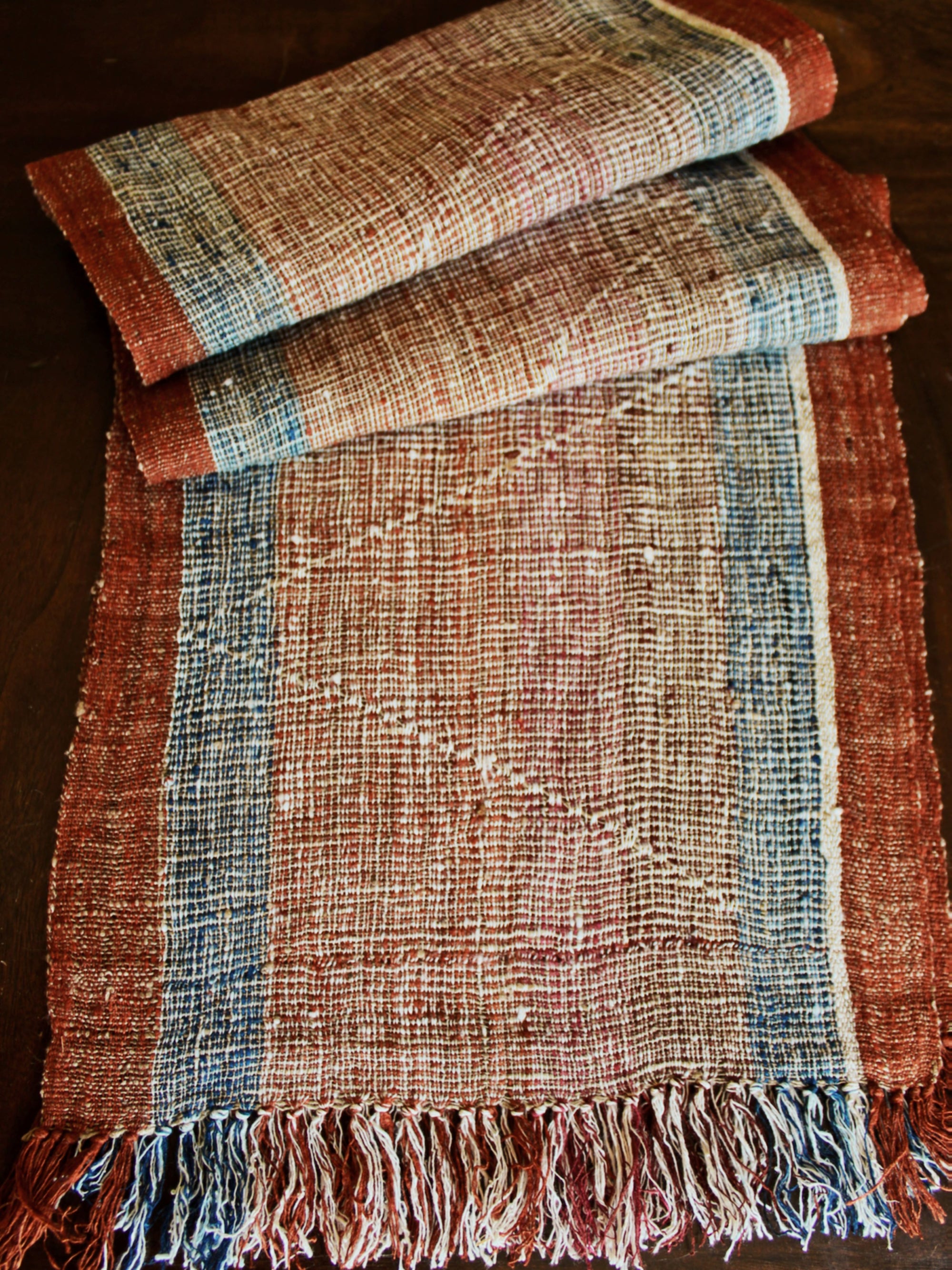 Rustic Bohemian Handwoven Fair Trade Madagascar Raw Wild Silk Scarf, Blue, Rust, Off White
