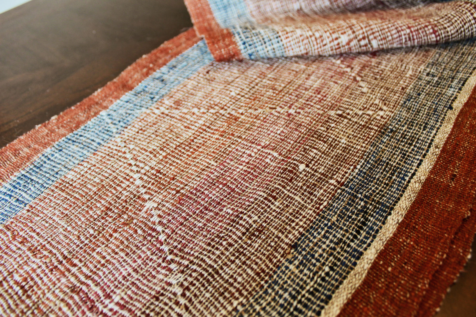 Rustic Bohemian Handwoven Fair Trade Madagascar Raw Wild Silk Scarf, Blue, Rust, Off White